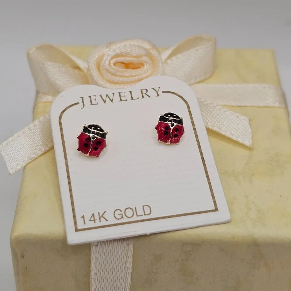 14KT Gold Ladybug Enamel Stud Screw Back Earrings 6mm
